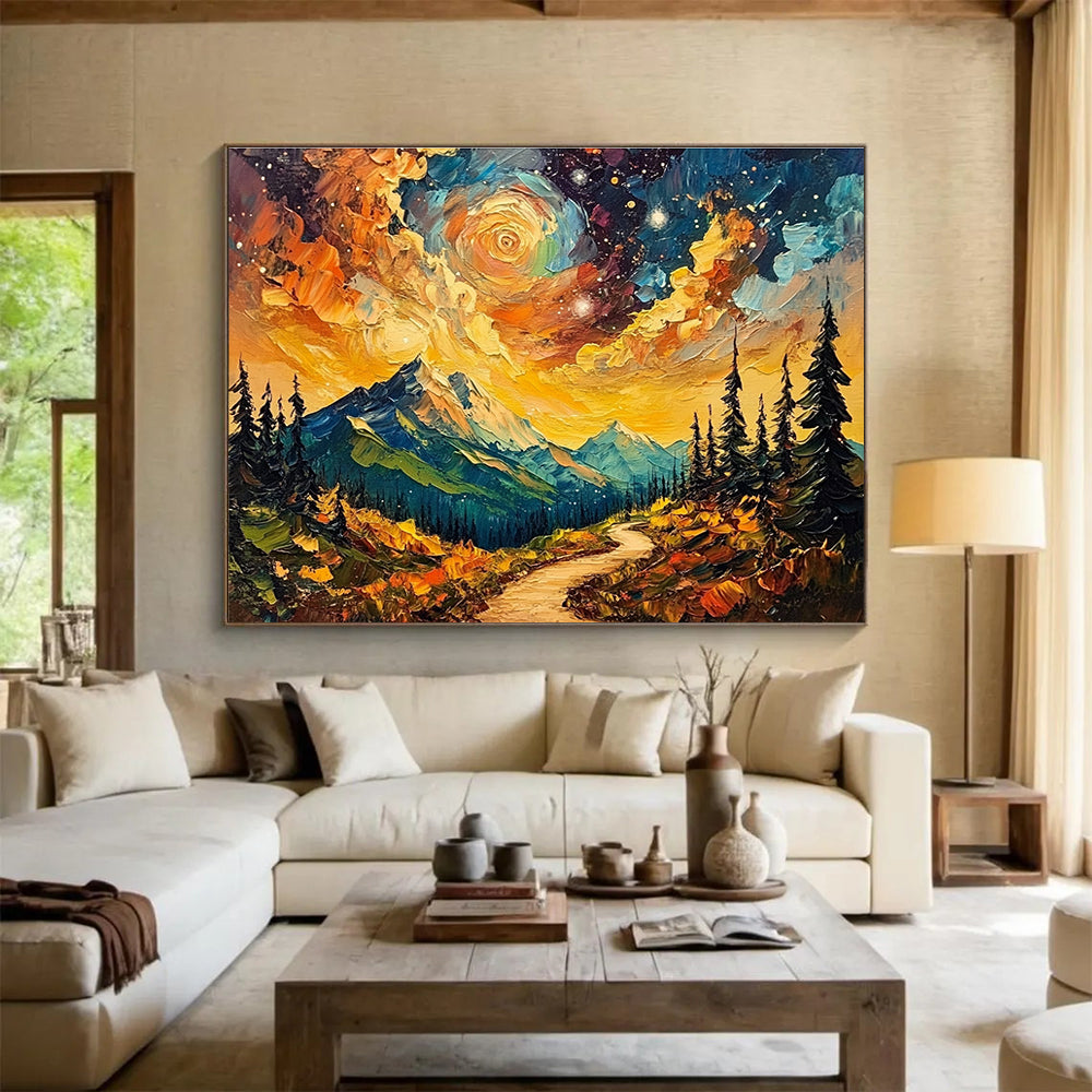 Mountain Path Under Starry Sky: Dreamy Wilderness Adventure Abstract Painting ABS155