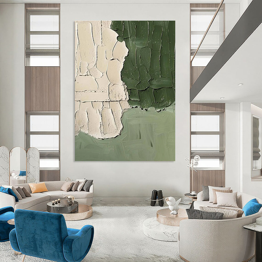 Textured Green and Beige Abstract Painting for Minimalist Bedrooms HENG501