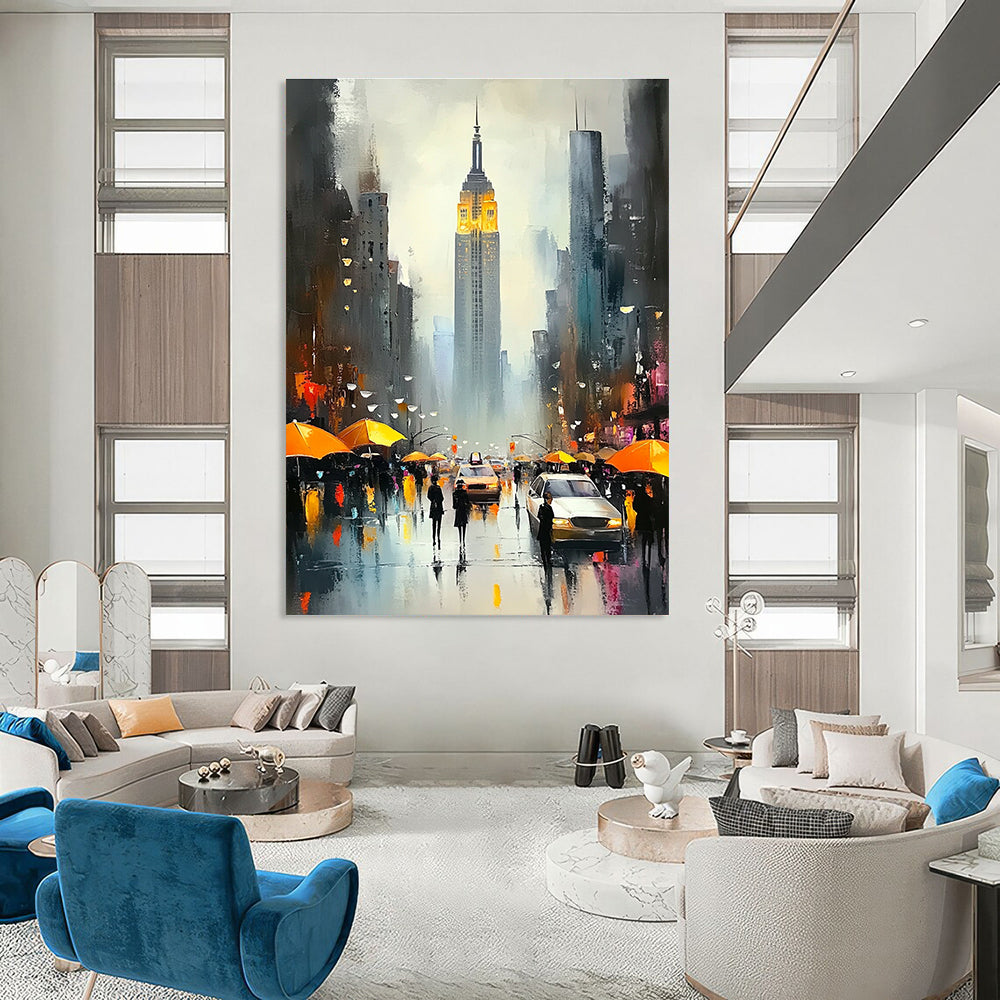 Rainy City Street with Umbrellas Romantic Urban Abstract Painting GAB0287