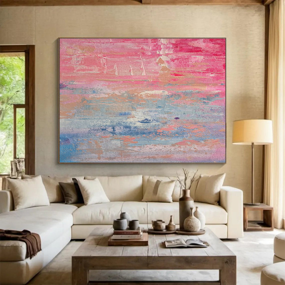 Pink - Blue Abstract Sunset Painting for Romantic Bed and Breakfasts YHT386