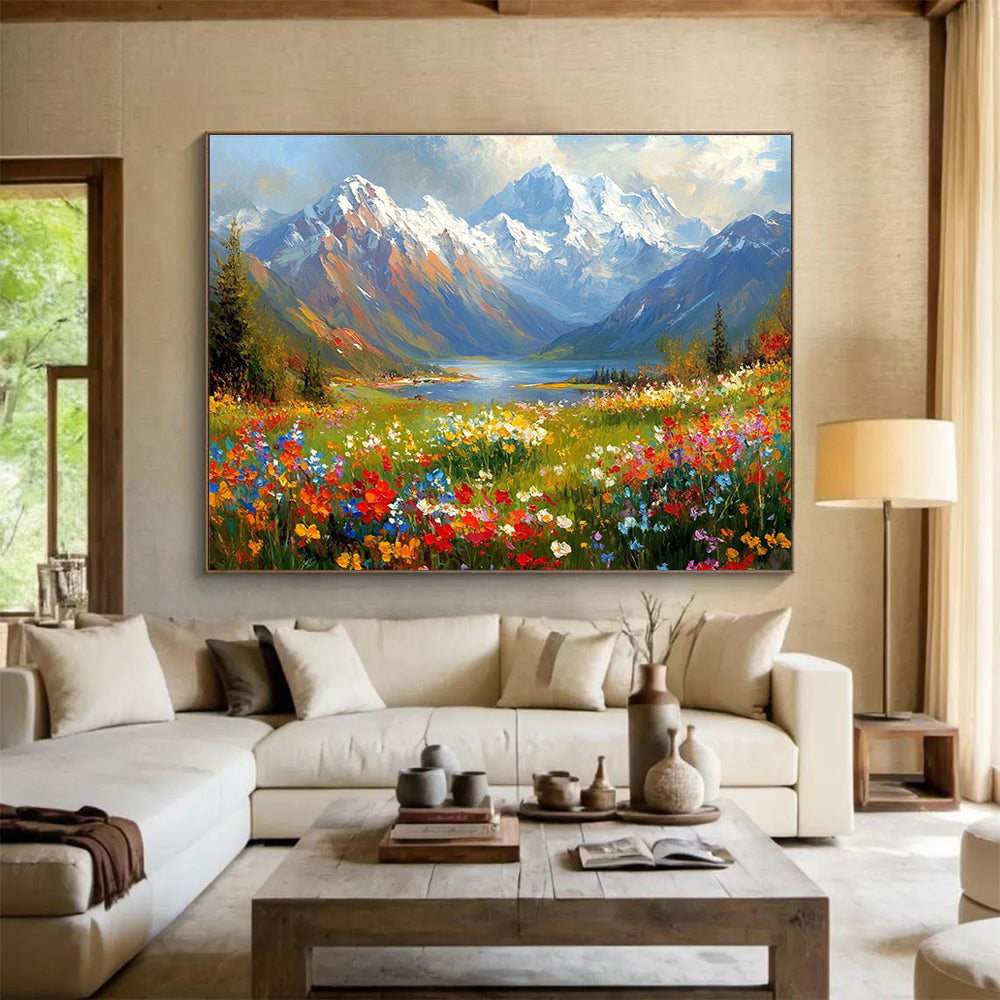 Colorful Mountain Lake Meadow Painting with Vibrant Natural Beauty ABS577