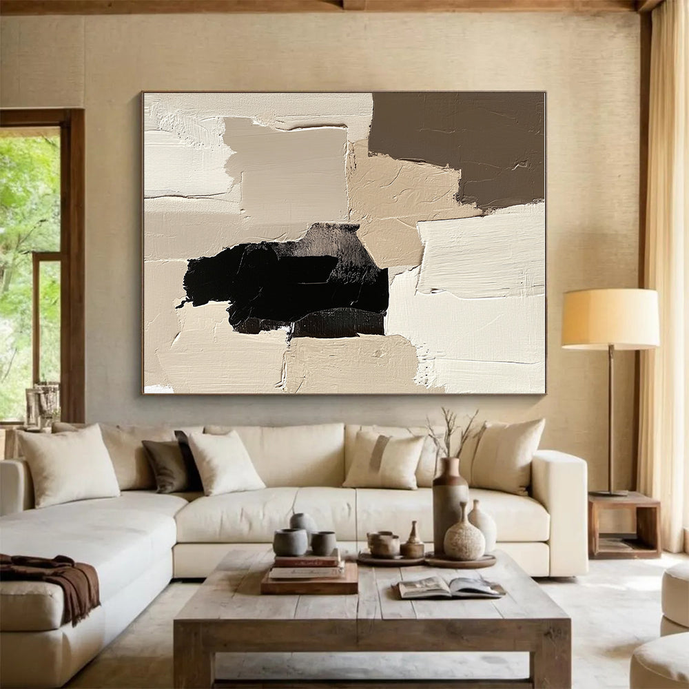 Beige Black Abstract Blocks Painting with Minimalist Depth WINK452