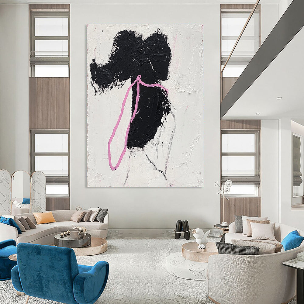 Black Silhouette with Pink Ribbon Abstract Painting for Feminine - Themed Boutiques GAB1376