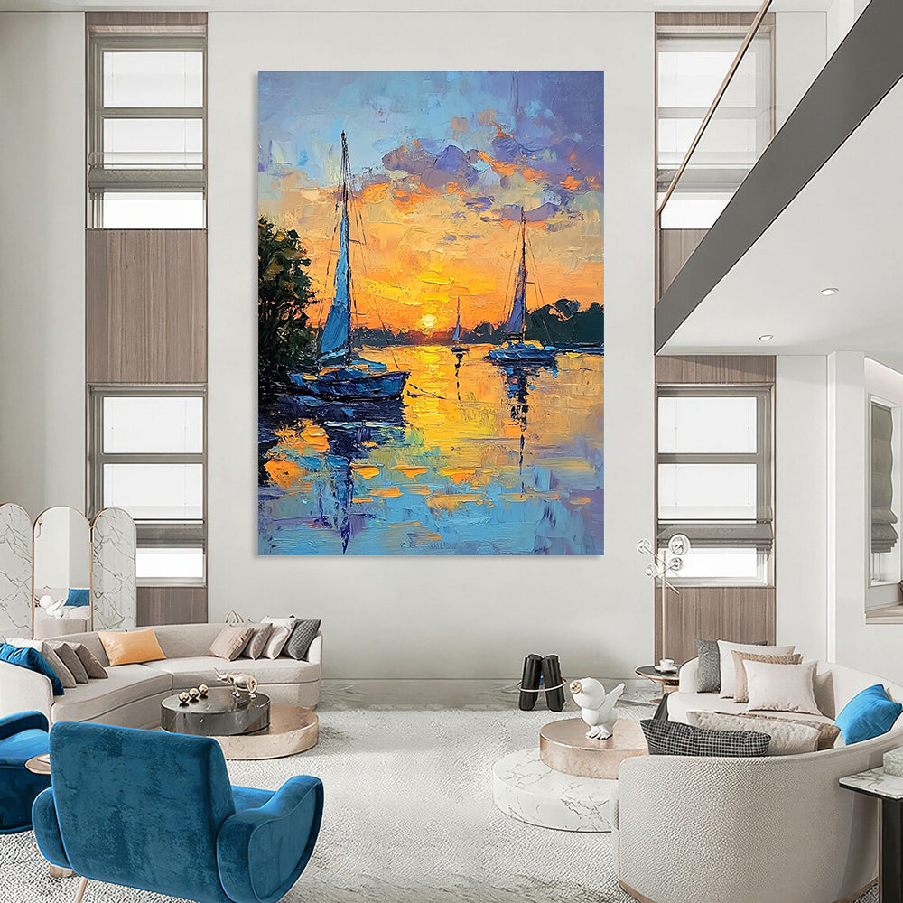 Sailboats at Sunset Serene Abstract Painting for Waterfront Homes GAB1439