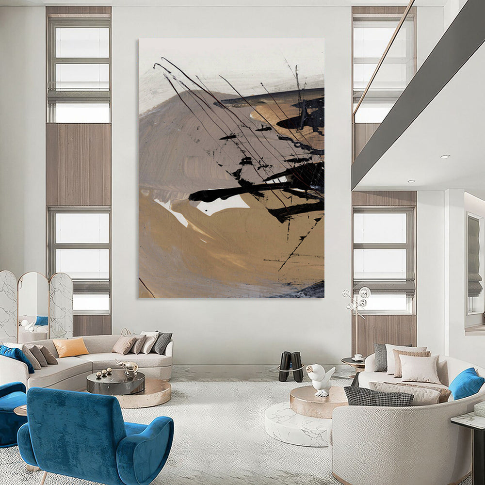 Expressive Black - Beige Abstract Painting for Industrial - Style Cafés HENG201