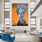 Blue and Brown Textured Portrait Abstract Painting for Sophisticated Dining Rooms HENG348