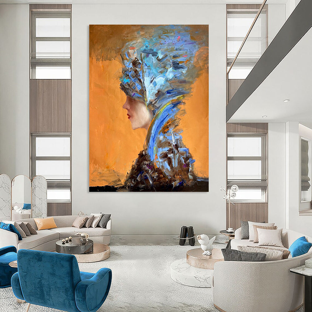 Blue and Brown Textured Portrait Abstract Painting for Sophisticated Dining Rooms HENG348
