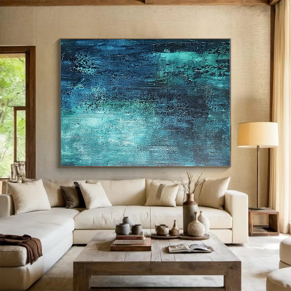 Deep Teal Textured Abstract Painting with Mysterious Depths WINK600