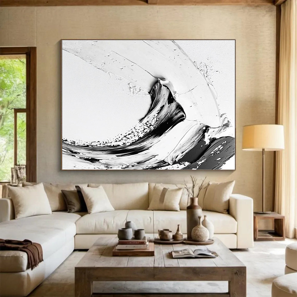 Curved Black - White Abstract Painting with Graceful Contrast WINK351