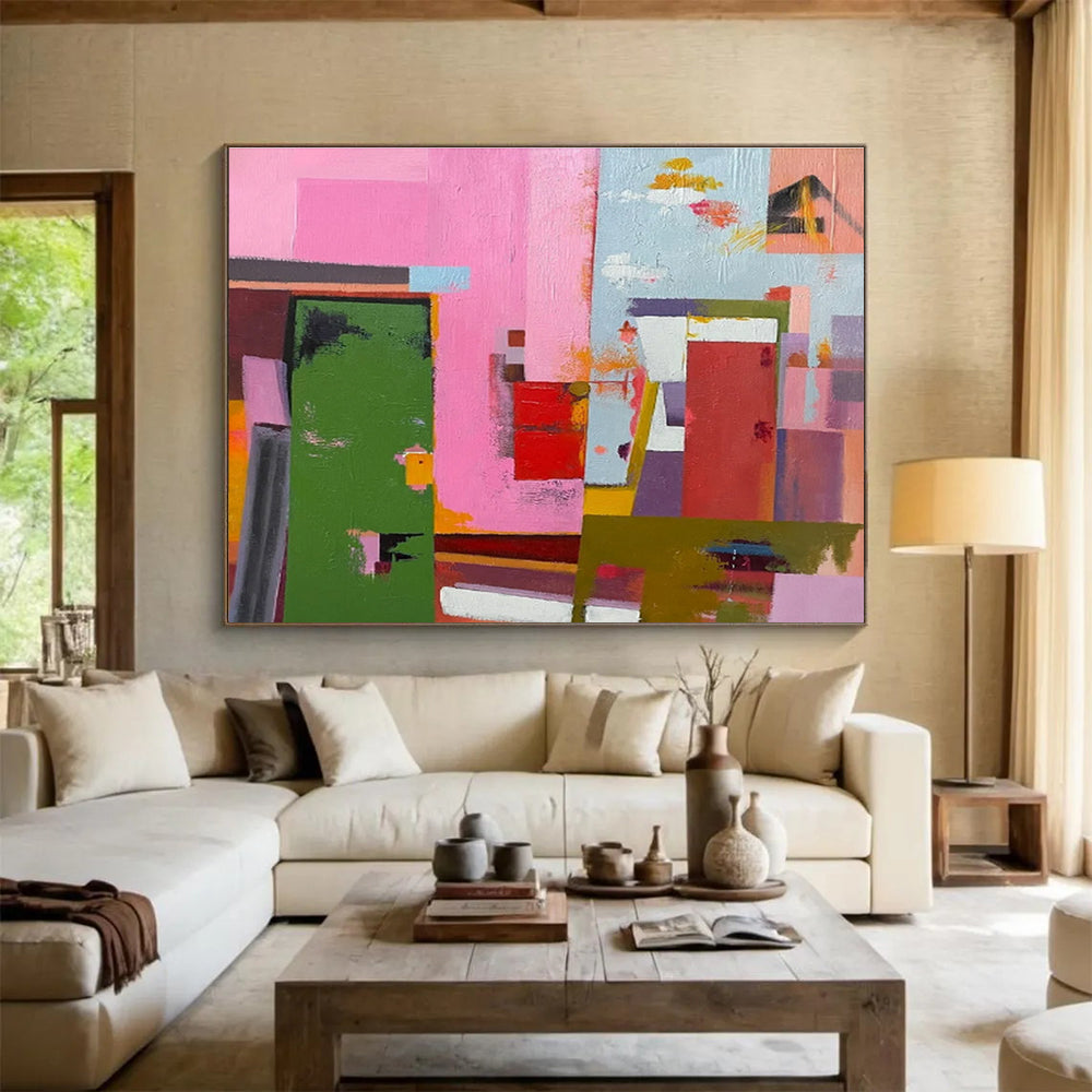 Pink - Toned Abstract City Painting for Modern Spaces YHT013
