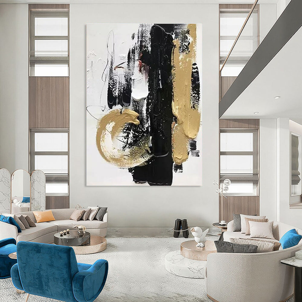 Black - Gold - White Abstract Expression Painting for Luxury Home Entrances HENG146