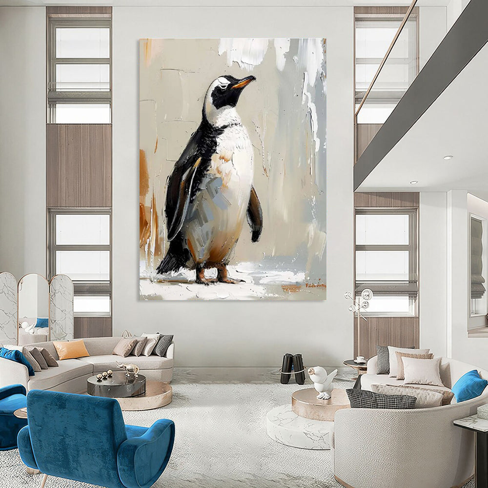 Textured Penguin Portrait Abstract Painting for Playful Kids' Spaces HENG496