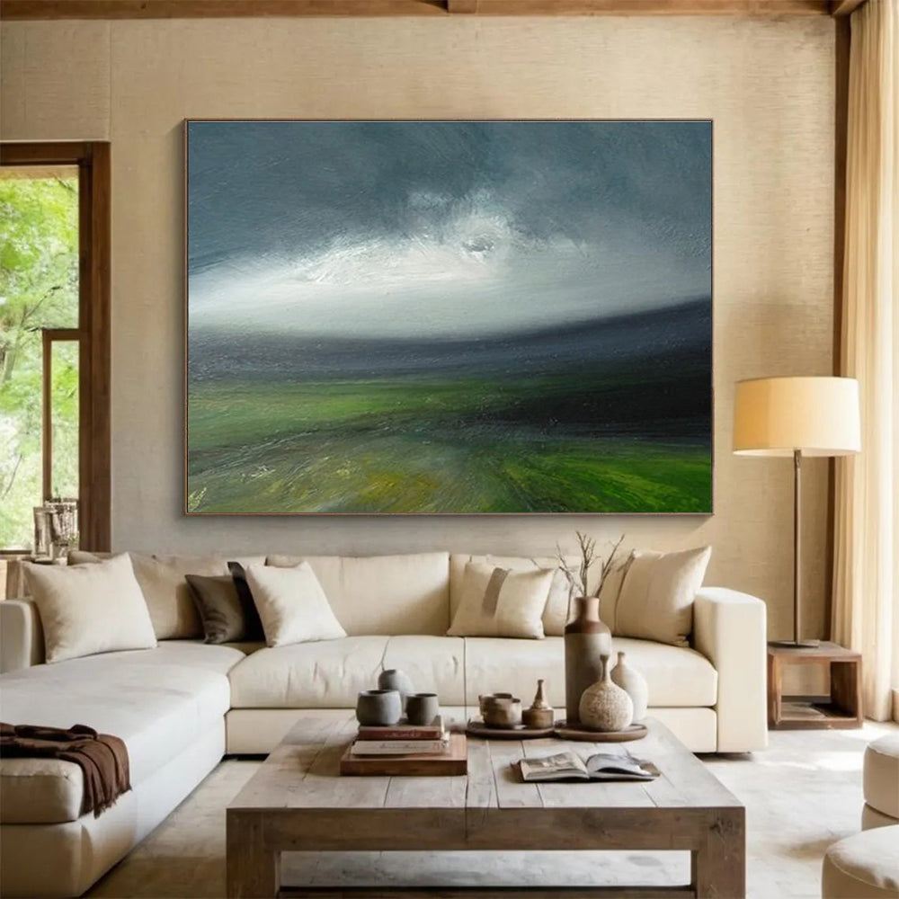 Green Field and Cloudy Sky Landscape Abstract Painting for Nature - Loving Spaces YHT028