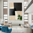 Beige and Black Geometric Abstract Painting with Textured Squares GAB0060