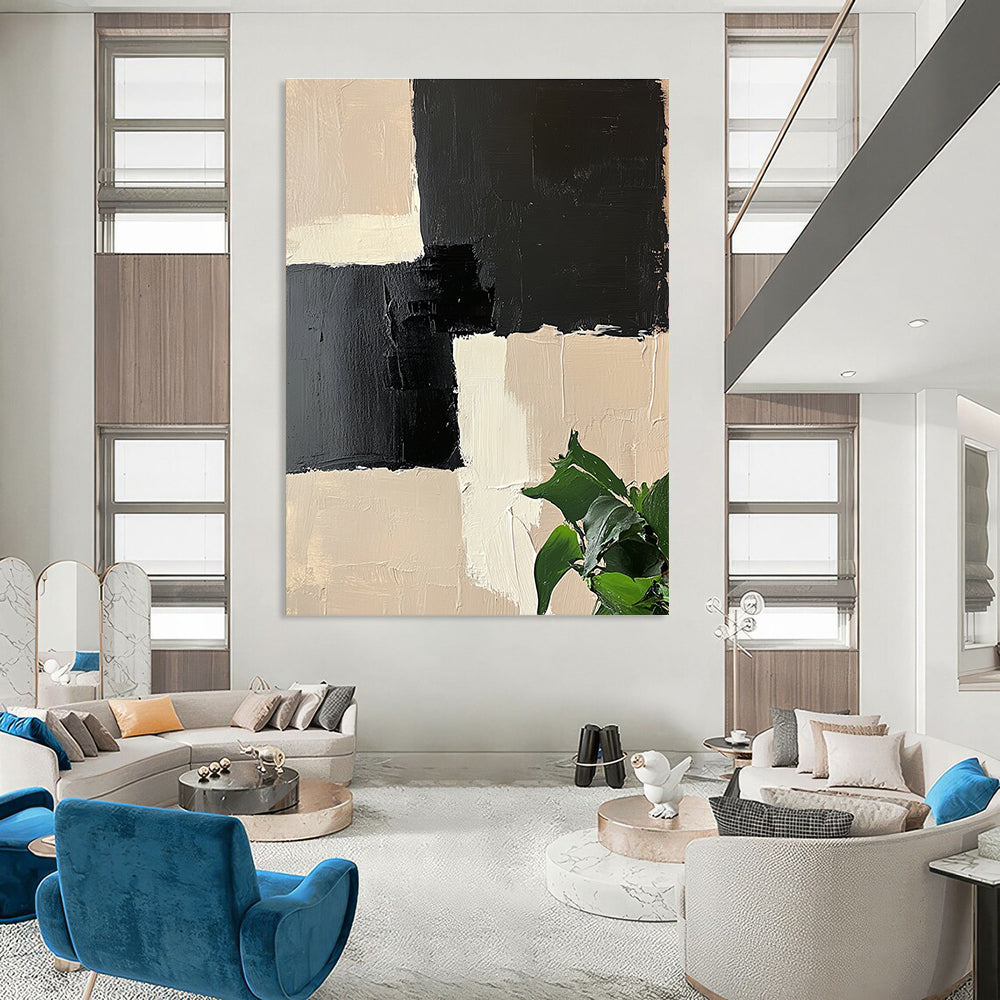 Beige and Black Geometric Abstract Painting with Textured Squares GAB0060