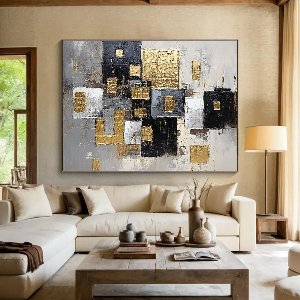 Gold - Accented Geometric Abstract Painting with Modern, Structured Beauty ABS476