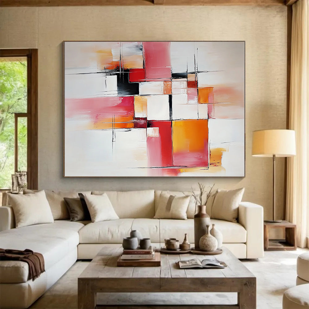 Pink Orange Geometric Abstract Painting with Delicate Lines WINK681