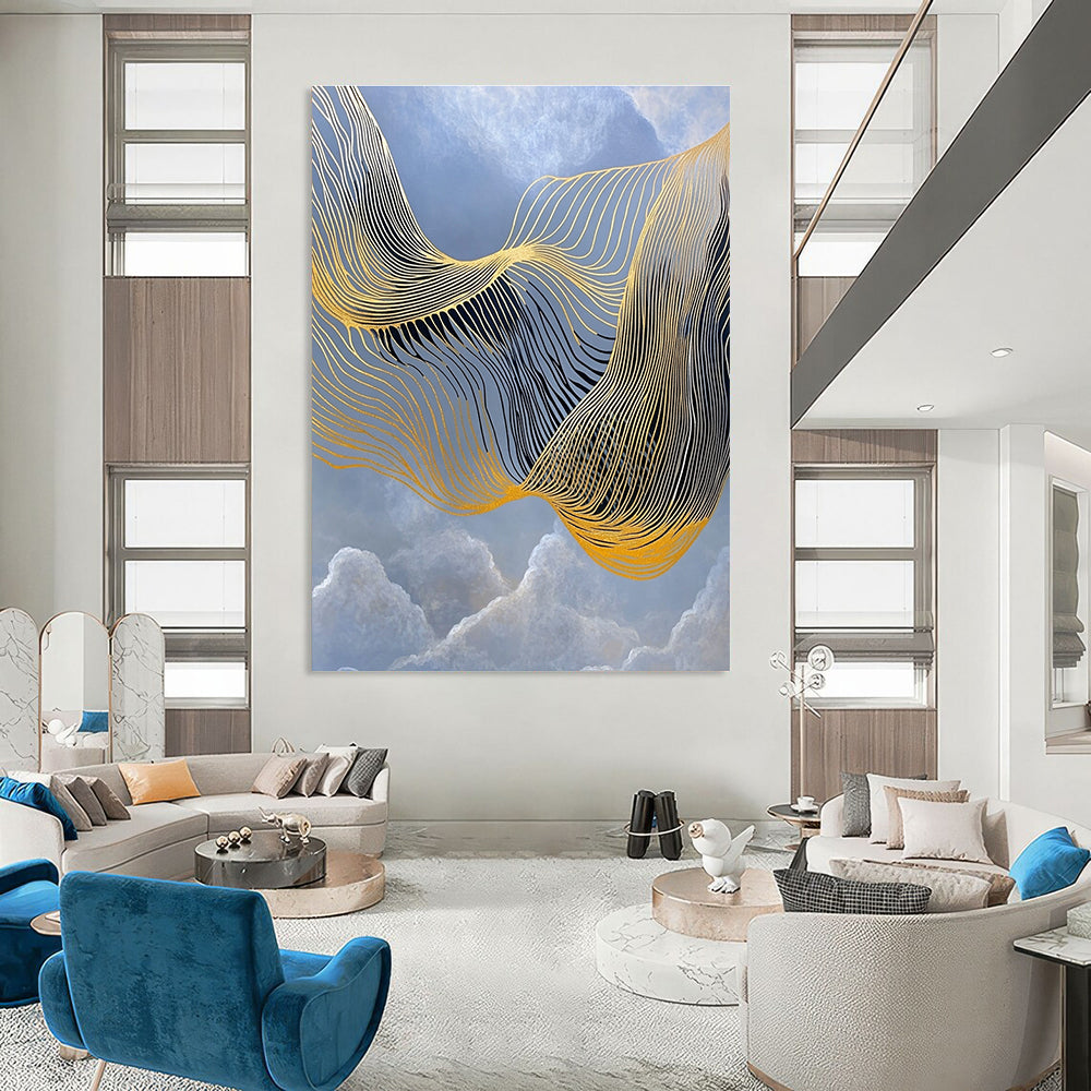 Golden Wavy Lines Abstract Painting for Luxury Hotel Lobbies GAB1321