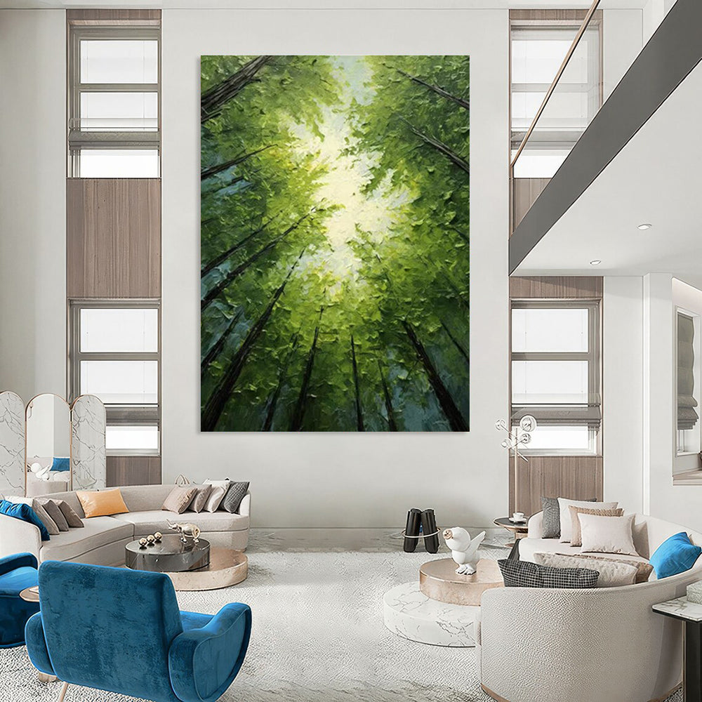Serene Sunlit Forest Canopy Abstract Painting for Peaceful Spaces HENG266