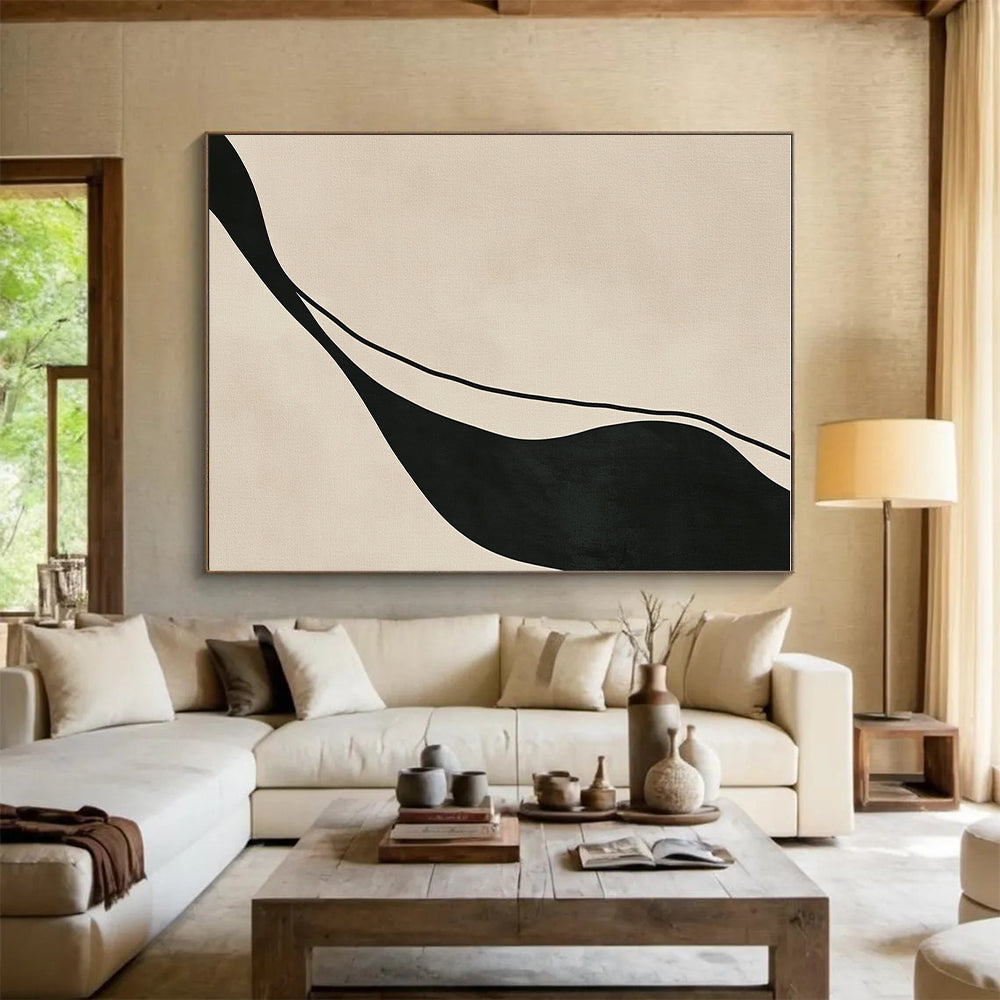 Black and Beige Curved Abstract Painting with Fluid Lines WINK843