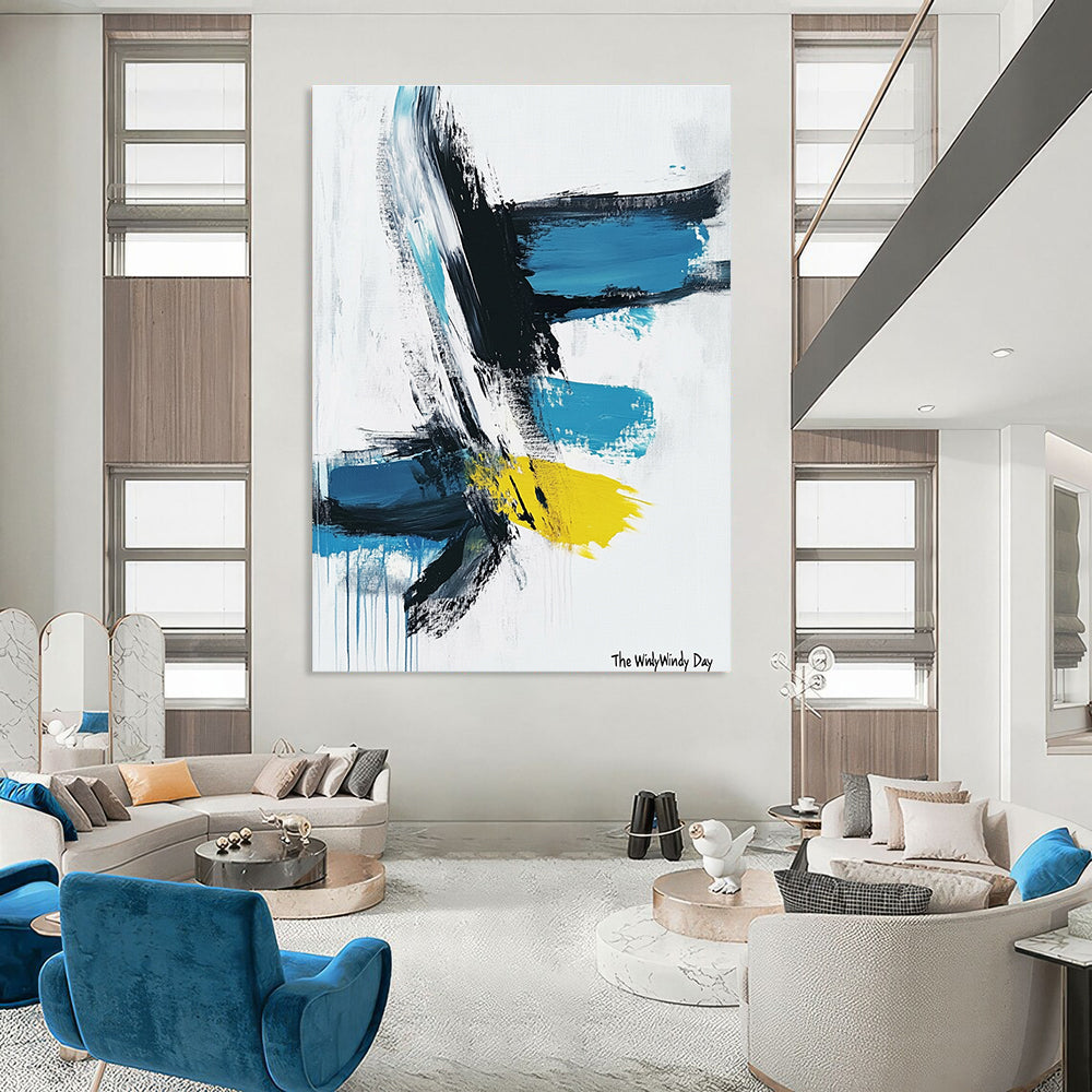 Dynamic Blue and Yellow Abstract Painting of Vivid Motion GAB0206