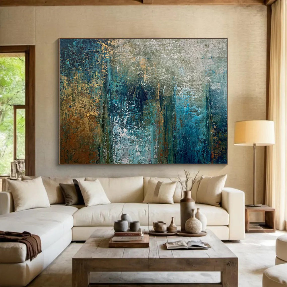 Teal and Gold Abstract Layers Painting for Modern Beach Houses YHT337