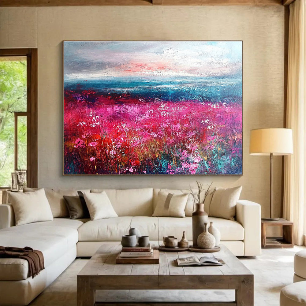 Pink Flower Field and Seascape Abstract Painting with Vivid, Romantic Ambiance ABS472