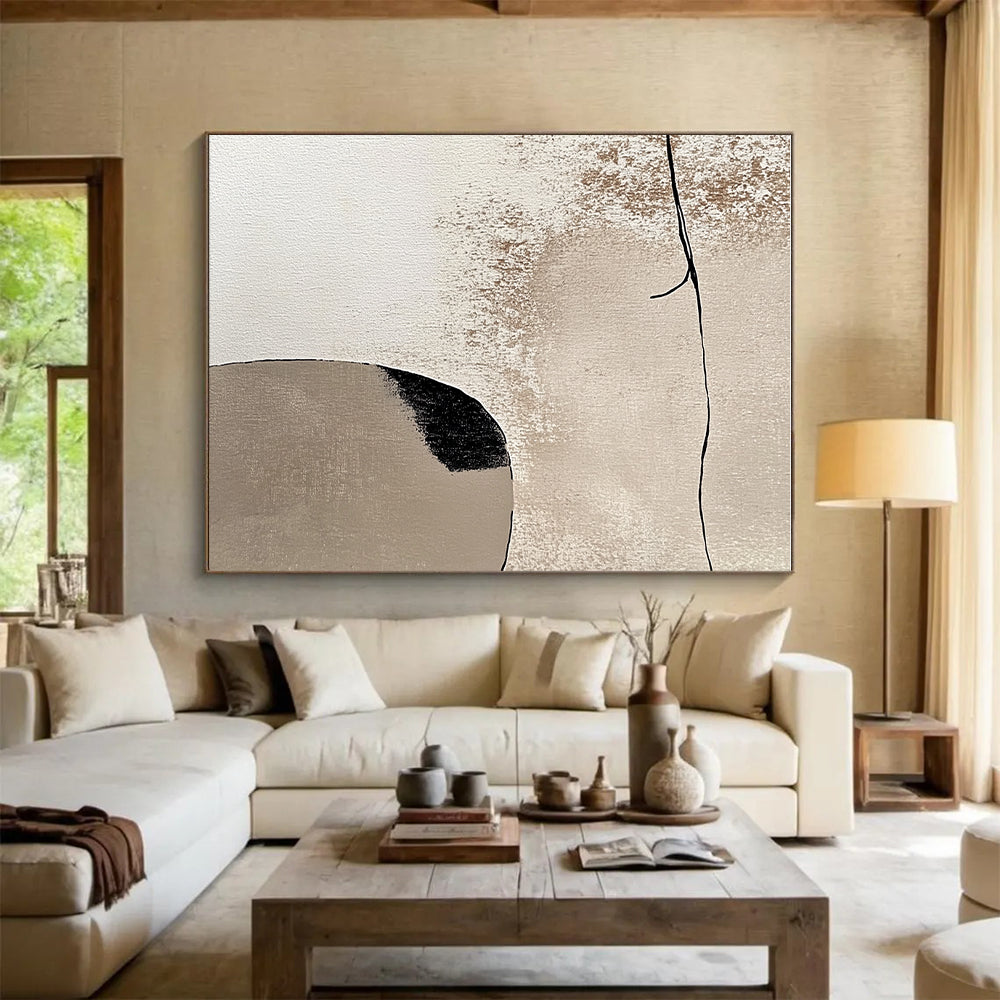 Beige and Black Minimalist Shapes Abstract Painting with Quiet Contemplation WINK044