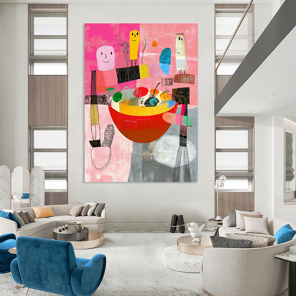 Pink and Colorful Figures Abstract Painting of Whimsical Gathering GAB0097
