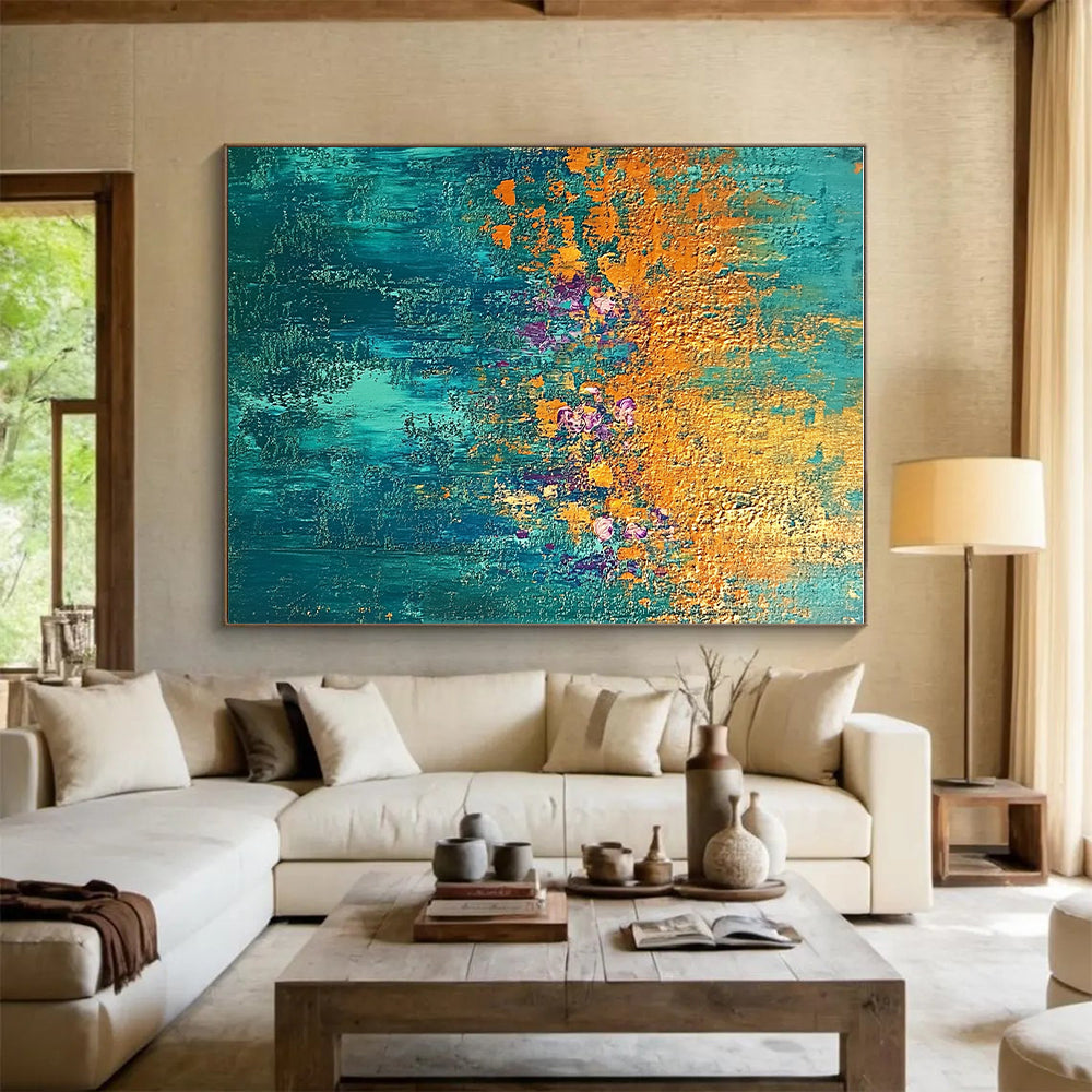 Teal and Gold Floral Abstract Painting with Enchanted Blooms WINK288
