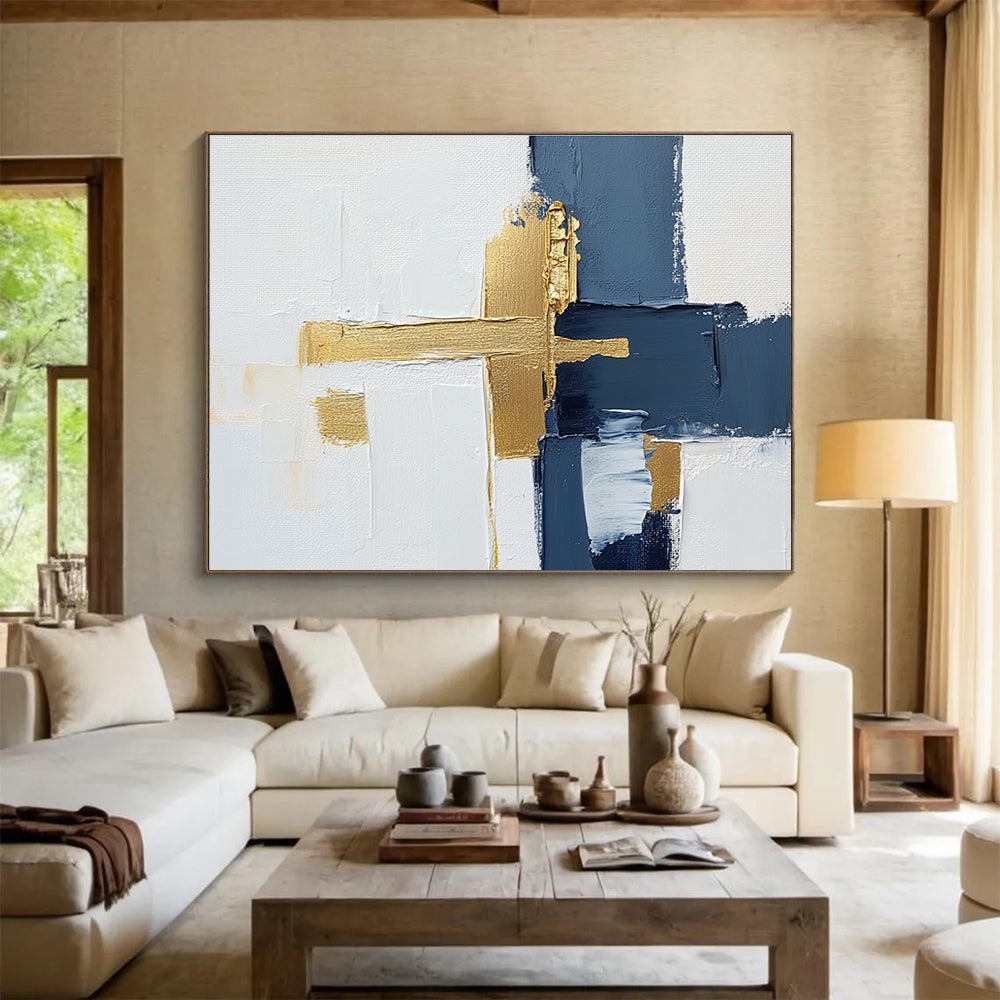 Blue and Gold Cross Abstract Painting with Minimalist Elegance ABS426