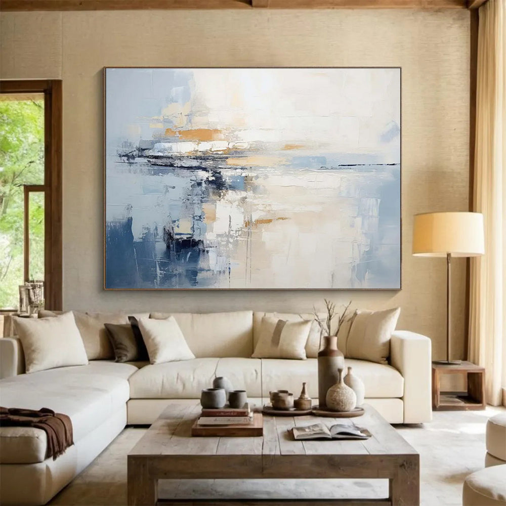 Blue - White Abstract Horizon Painting for Minimalist Spaces YHT089
