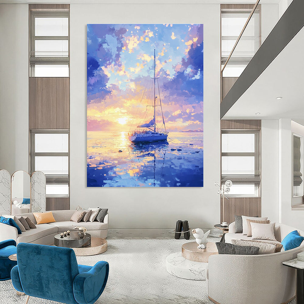 Serene Sailboat Sunset Abstract Painting with Dreamy Colors GAB0015