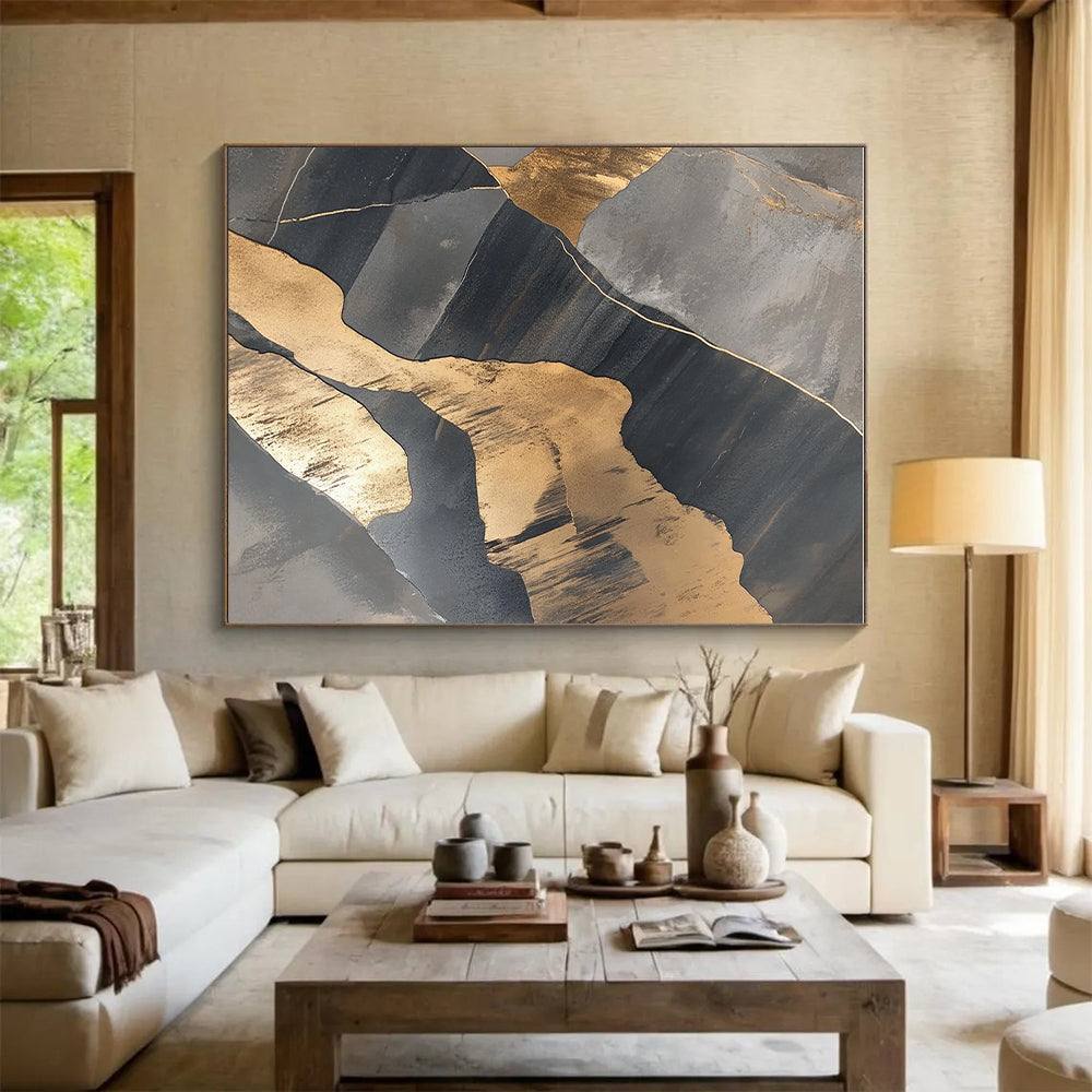 Gray and Gold Abstract Painting with Geometric Shapes WINK836