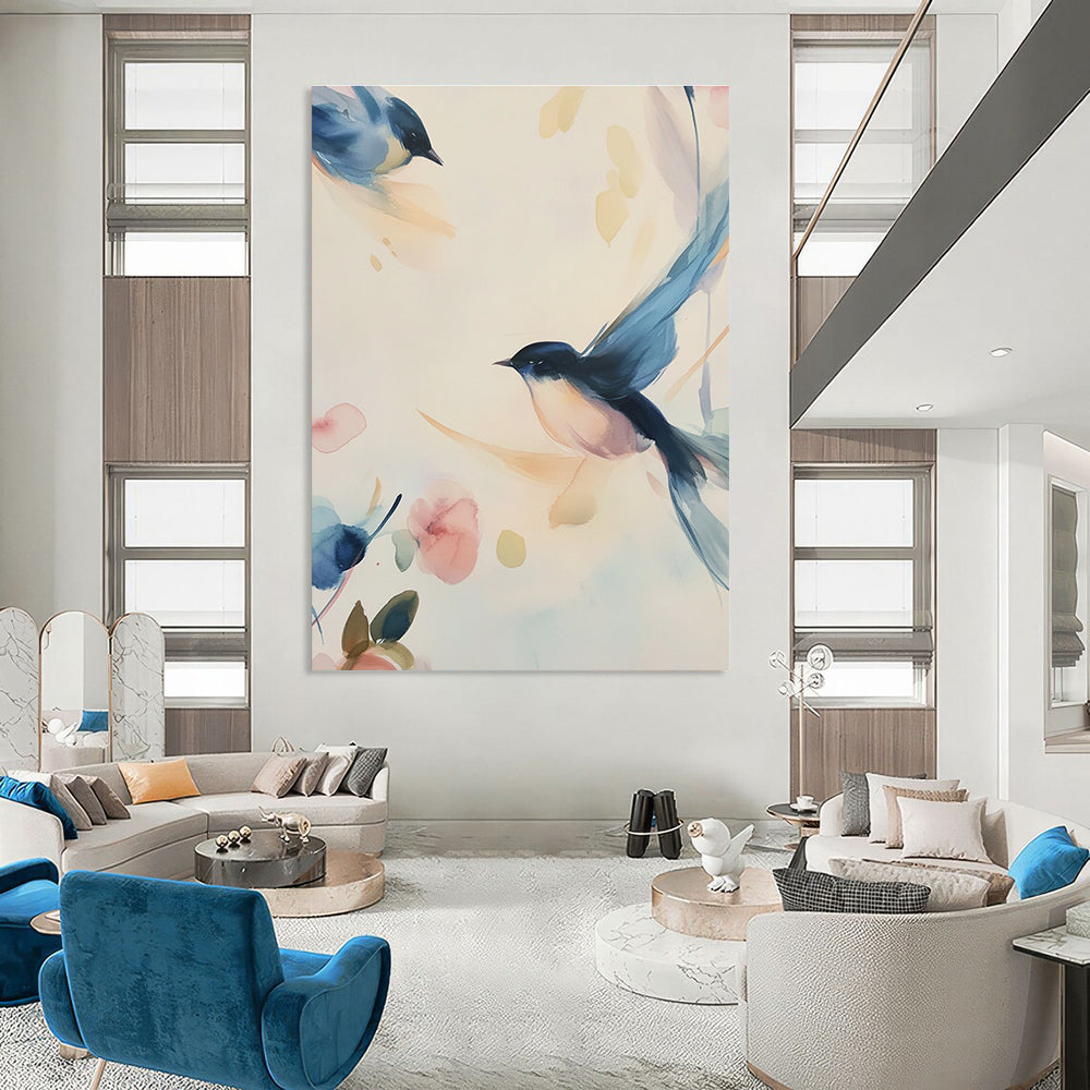 Watercolor Birds and Flowers Abstract Painting for Serene Bedrooms GAB0970