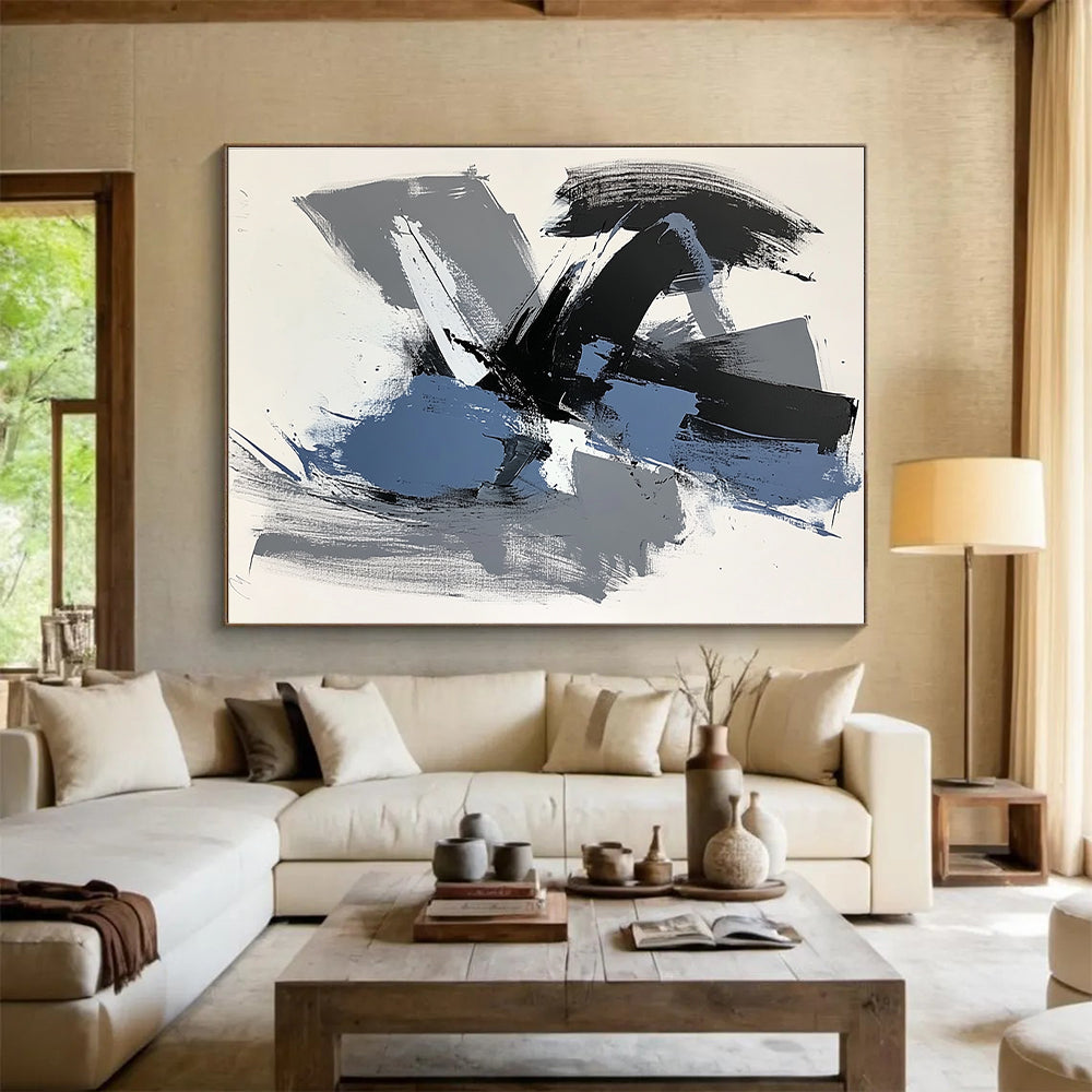 Gray Black and Blue Abstract Painting with Expressive Layers WINK824