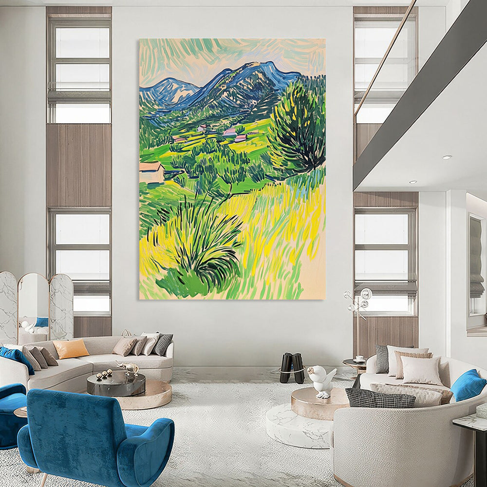 Vibrant Mountain Village Painting of Lively Rural Scenery GAB0152
