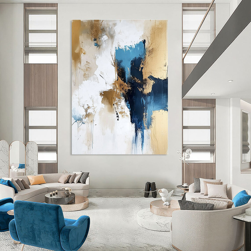 Blue and Gold Abstract Painting for Sophisticated Corporate Lounges GAB0947