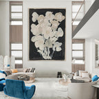 White Flowers on Black Abstract Painting for Elegant Dining Rooms HENG140