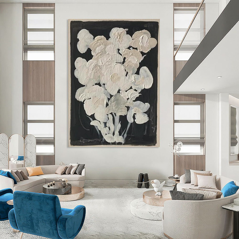 White Flowers on Black Abstract Painting for Elegant Dining Rooms HENG140