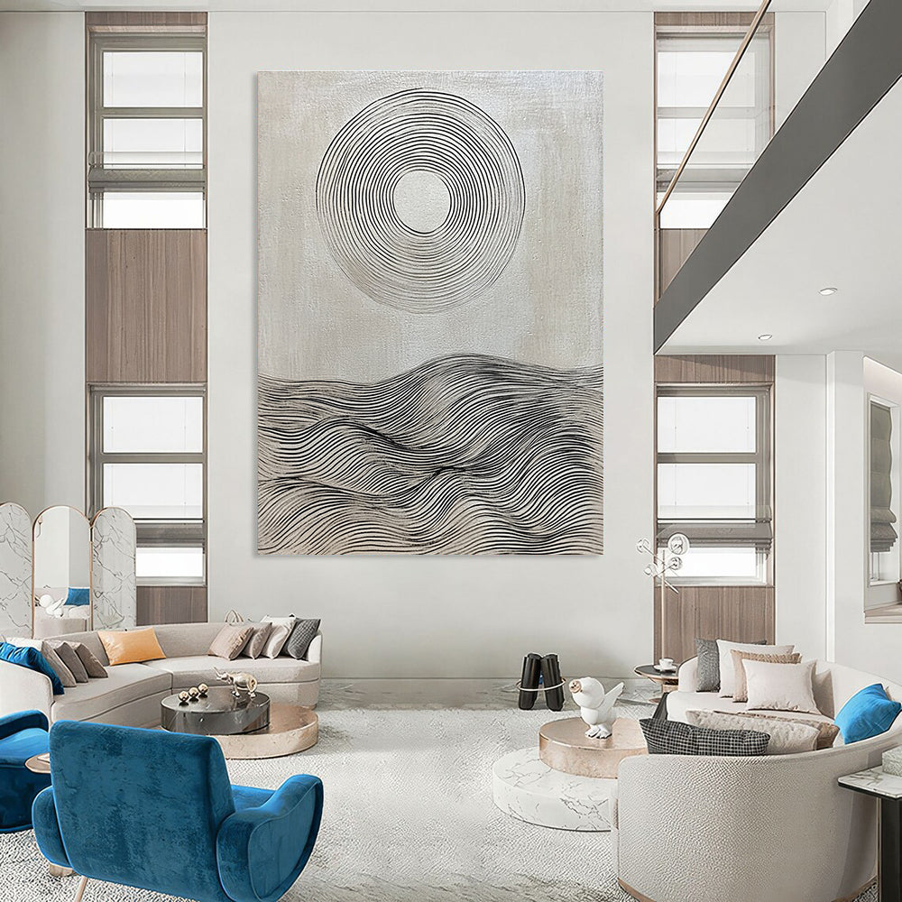 Black and White Wave Circle Painting of Minimalist Serenity GAB0164