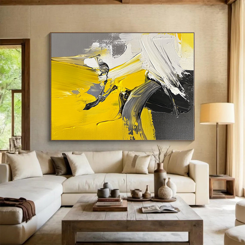 Yellow Black White Abstract Painting with Dynamic Energy WINK552