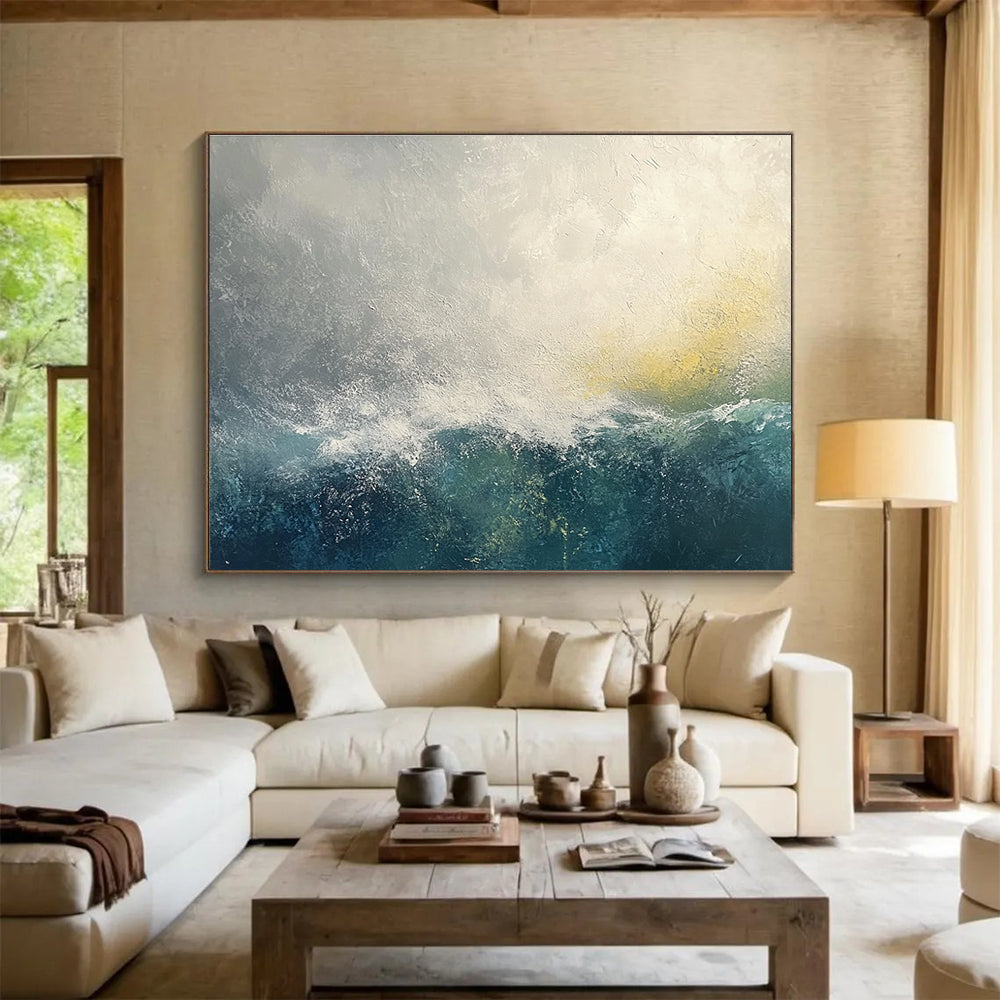 Gray and Blue Wave Abstract Painting with Subtle Textures ABS272