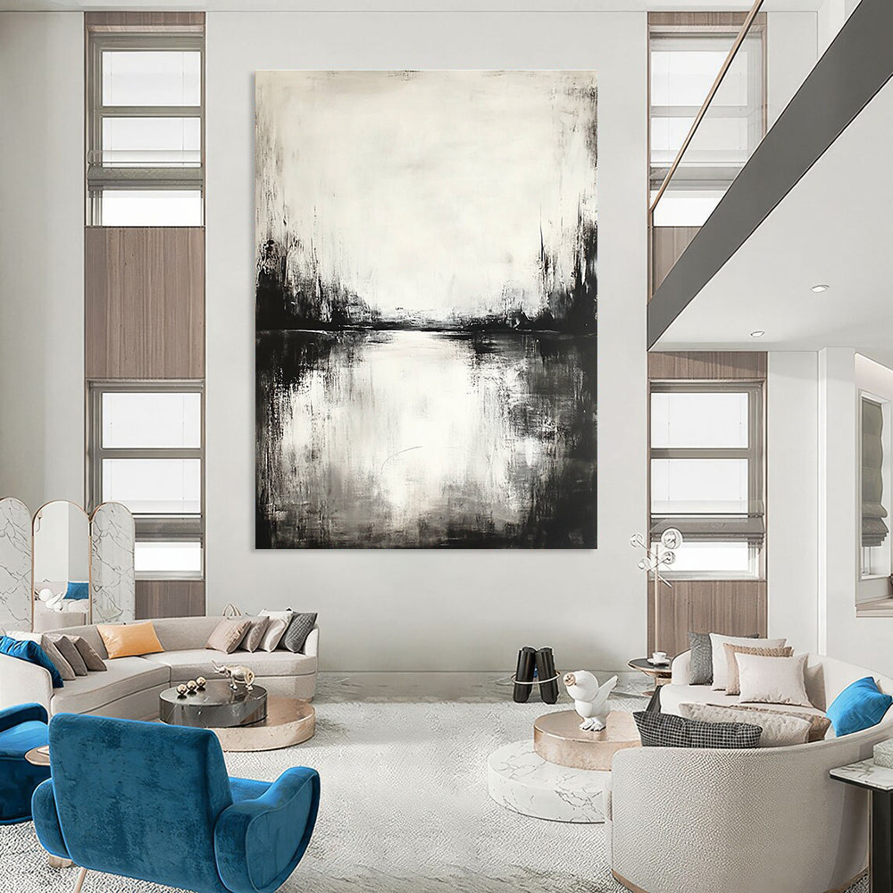 Black and White River Scene - Serene Minimalist Abstract Painting GAB0451