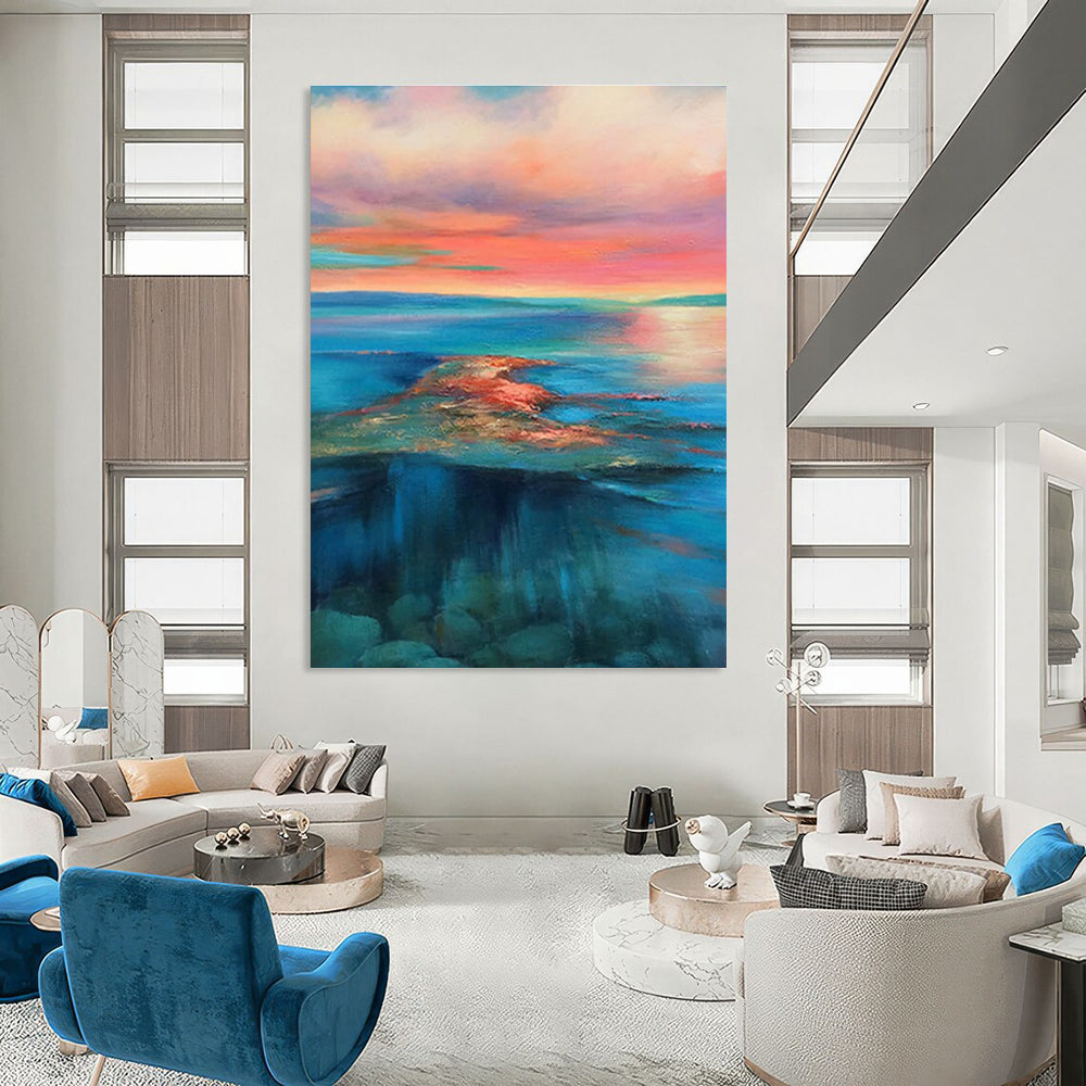 Colorful Sunset Seascape Abstract Painting for Beach House Living Rooms HENG018