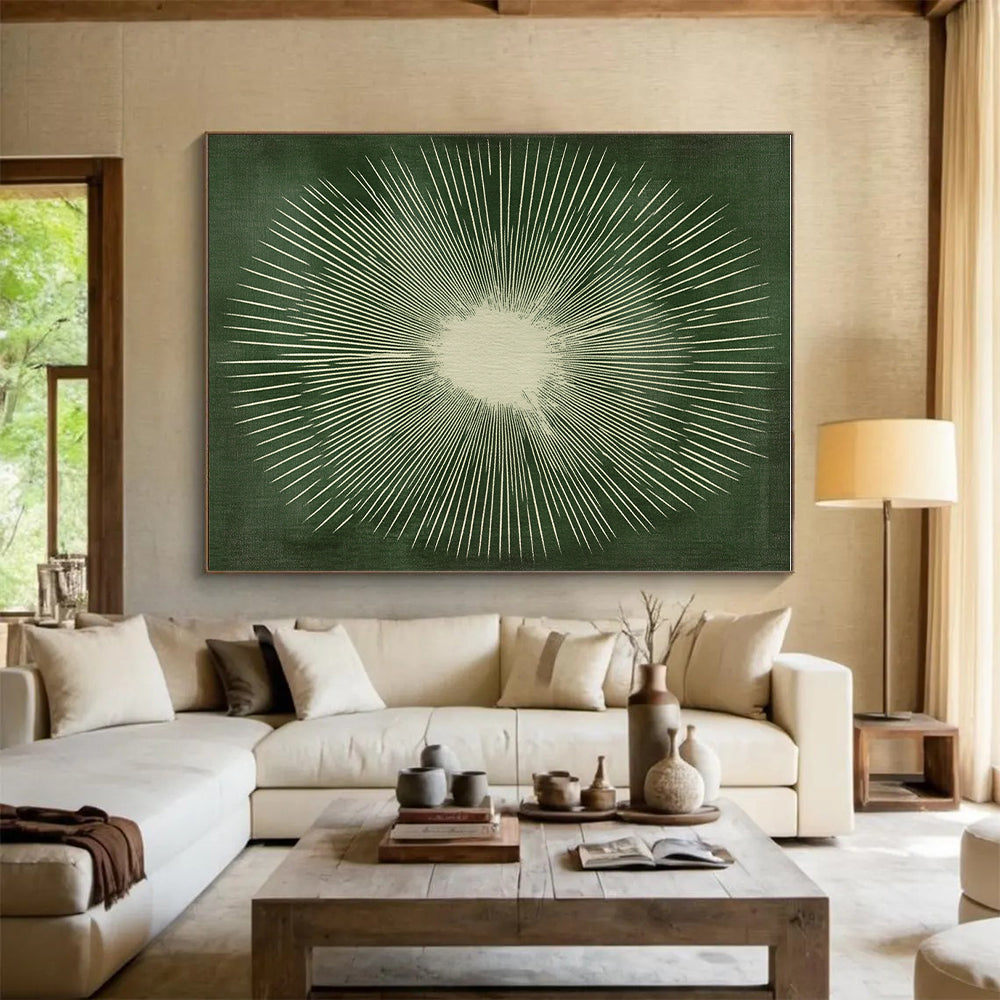 Green Sunburst Design Abstract Painting with Radiant Symmetry WINK267