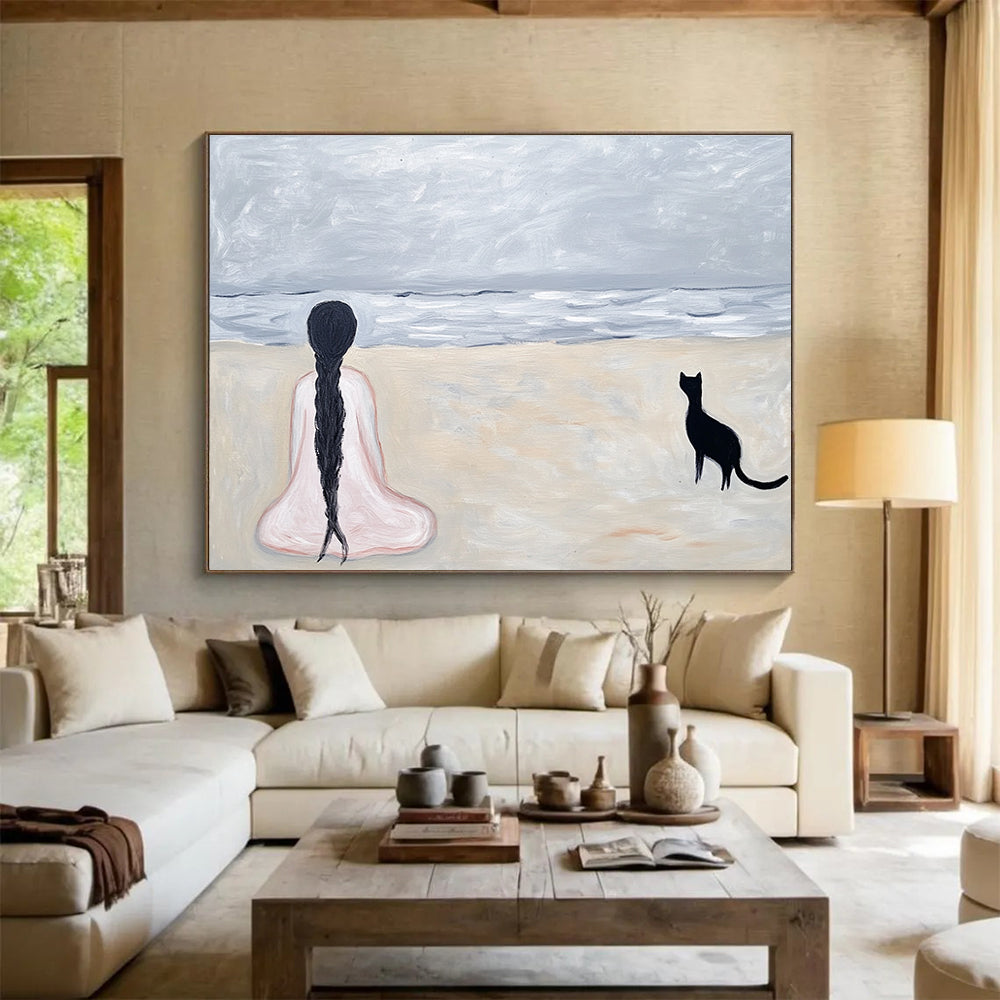 Woman and Cat on the Beach  A Moment of Solitude ABS060