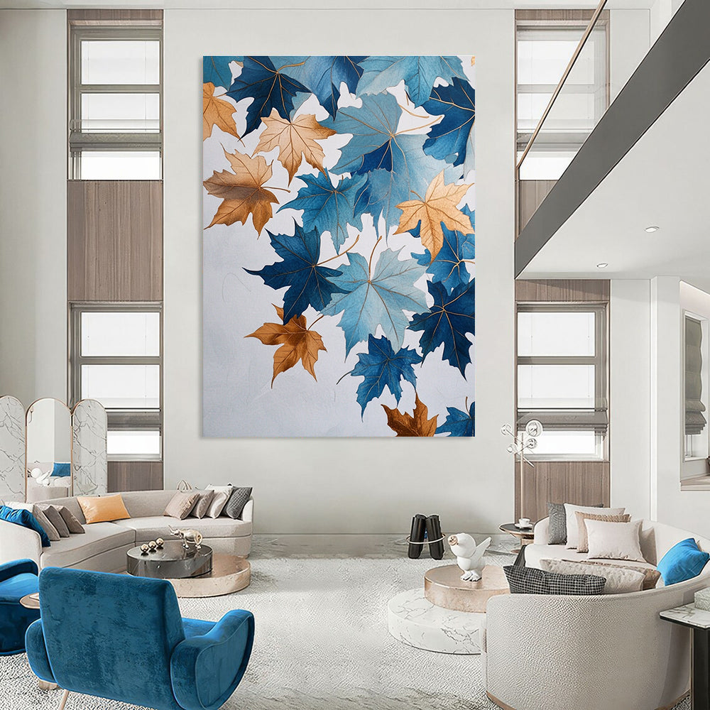 Blue and Gold Leaves Artistic Botanical Abstract Painting GAB0307