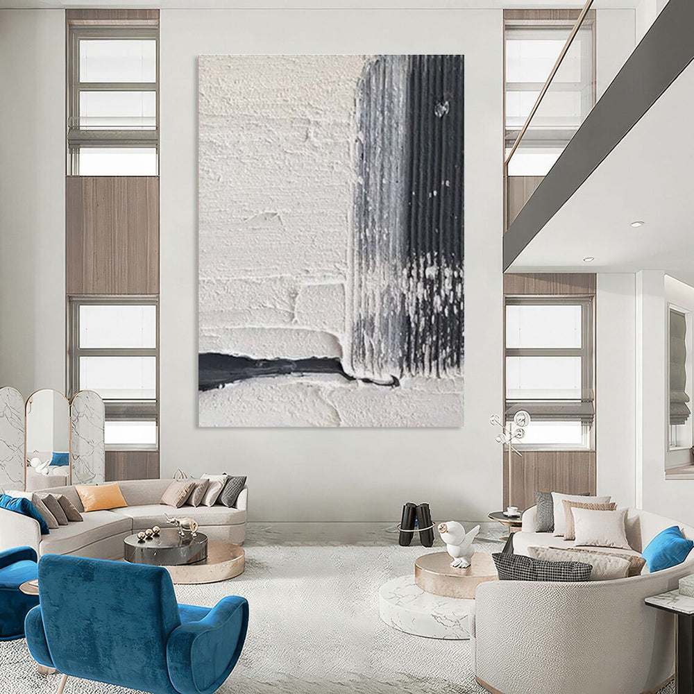 Textured White - Black Abstract Painting for Minimalist Art Installations HENG147