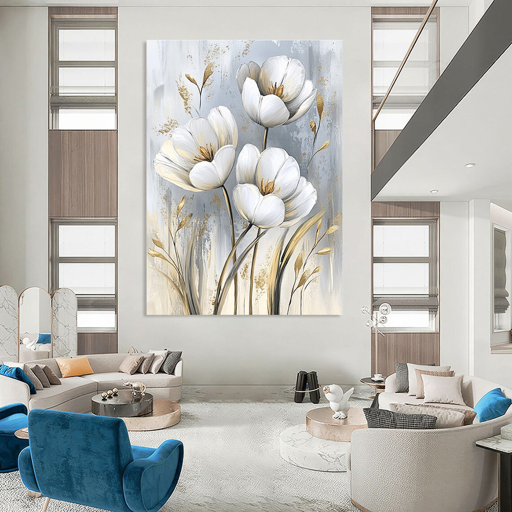 White Tulips with Gold Chic Abstract Painting for Modern Living GAB1526